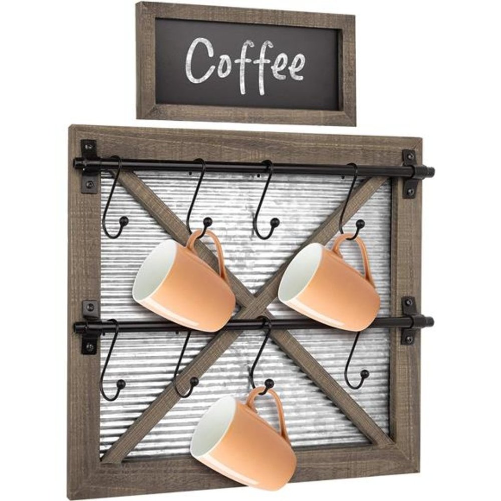 Rustic Farmhouse Mug Rack Wall Mounted with Blackboard for Coffee Sign Decor